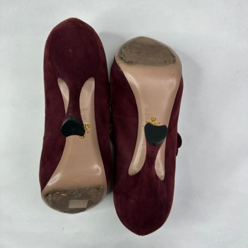 Prada Burgundy Suede Double Strap Mary Jane Peep Toe Platform‎ Heels Size 37.5